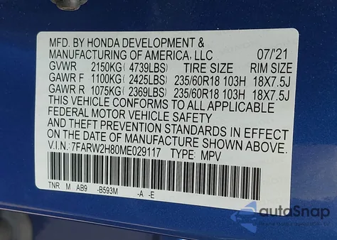 2021 Honda Cr-V Awd Ex-L z USA, uszkodzony, nr VIN 7FARW2H80ME029117